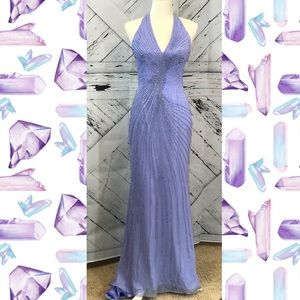 Purple jeweled v-neck mermaid style cocktail dress